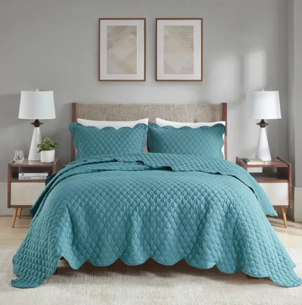 Quilts-Kirkland's Home Teal Scalloped Crinkle 3-Pc. Cali King Quilt Set Blue