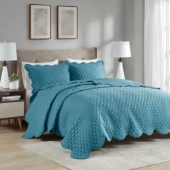 Quilts-Kirkland's Home Teal Scalloped Crinkle 3-Pc. Full/Queen Quilt Set Blue