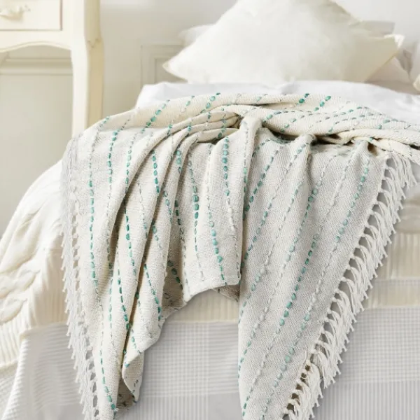 Blankets & Throws-Kirkland's Home Teal Shimmer Stripe Woven Throw Blue/White/Tan