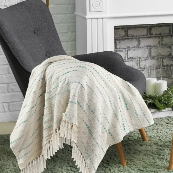 Blankets & Throws-Kirkland's Home Teal Shimmer Stripe Woven Throw Blue/White/Tan
