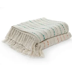 Blankets & Throws-Kirkland's Home Teal Shimmer Stripe Woven Throw Blue/White/Tan