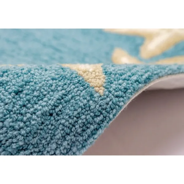 Outdoor Rugs-Kirkland's Home Teal Starfish Border Outdoor Area Rug, 5X7 Blue/Tan/White