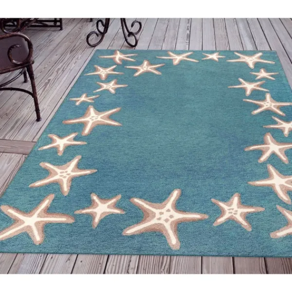 Outdoor Rugs-Kirkland's Home Teal Starfish Border Outdoor Area Rug, 5X7 Blue/Tan/White