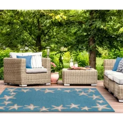 Outdoor Rugs-Kirkland's Home Teal Starfish Border Outdoor Area Rug, 5X7 Blue/Tan/White