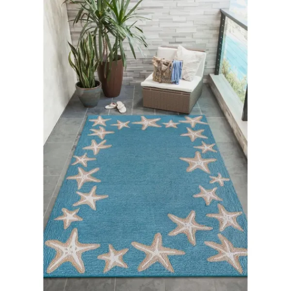 Outdoor Rugs-Kirkland's Home Teal Starfish Border Outdoor Area Rug, 5X7 Blue/Tan/White