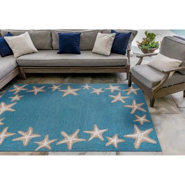 Outdoor Rugs-Kirkland's Home Teal Starfish Border Outdoor Area Rug, 5X7 Blue/Tan/White