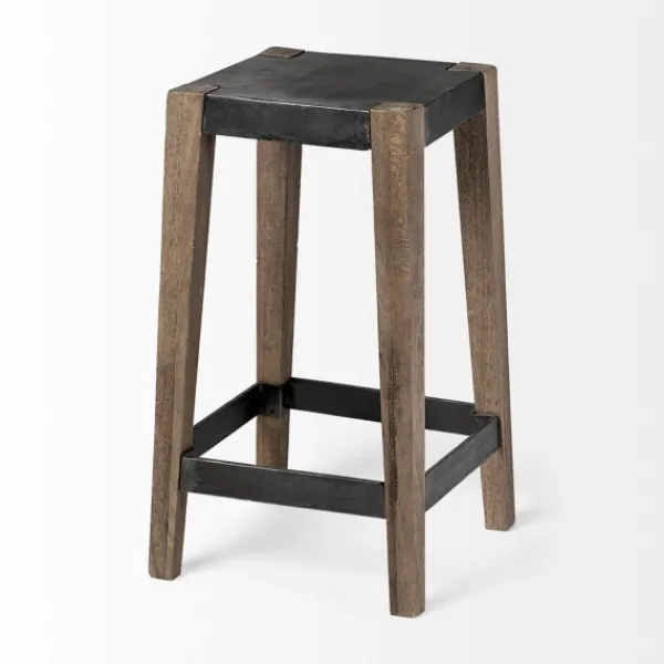 Bar Stools & Counter Height Stools-Kirkland's Home Terry Black Metal And Brown Wood Counter Stool Black/Brown