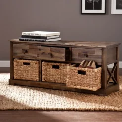 Entryway Furniture-Kirkland's Home Tommy Wood And Woven Baskets Storage Bench Brown