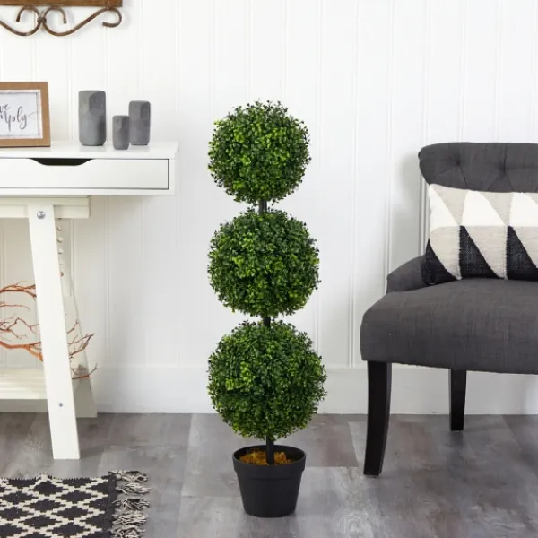 Trees & Topiaries-Kirkland's Home Triple-Ball Boxwood Topiary In Black Planter