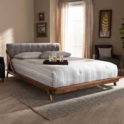 Beds & Headboards-Kirkland's Home Tufted And Natural Walnut King Platform Bed Gray