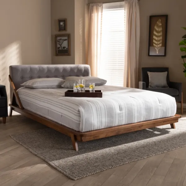 Beds & Headboards-Kirkland's Home Tufted And Natural Walnut King Platform Bed Gray