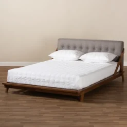Beds & Headboards-Kirkland's Home Tufted And Natural Walnut King Platform Bed Gray