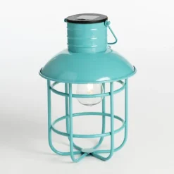 Outdoor Lighting-Kirkland's Home Turquoise Hanging Cage Solar Powered Lantern Blue