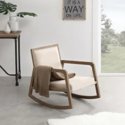 Accent Chairs-Kirkland's Home Upholstered Linen Wood Rocker Accent Chair Ivory