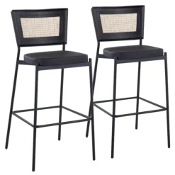 Bar Stools & Counter Height Stools-Kirkland's Home Vegan Leather And Rattan Bar Stools, Set Of 2 Black/Tan