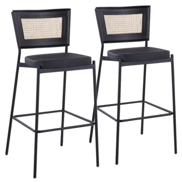 Bar Stools & Counter Height Stools-Kirkland's Home Vegan Leather And Rattan Bar Stools, Set Of 2 Black/Tan