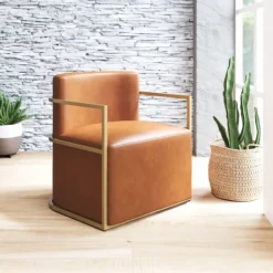 Accent Chairs-Kirkland's Home Vinyl And Gold Frame Accent Chair Brown