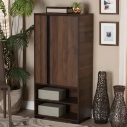 Entryway Furniture-Kirkland's Home Walnut Asymmetrical Shoe Storage Cabinet Brown