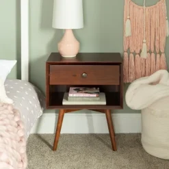 Nightstands-Kirkland's Home Walnut 1-Drawer Mid Century Nightstand Brown