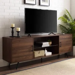 Tv Stands & Media Consoles-Kirkland's Home Walnut Mid-Century Modern Glass Shelf Tv Stand Brown