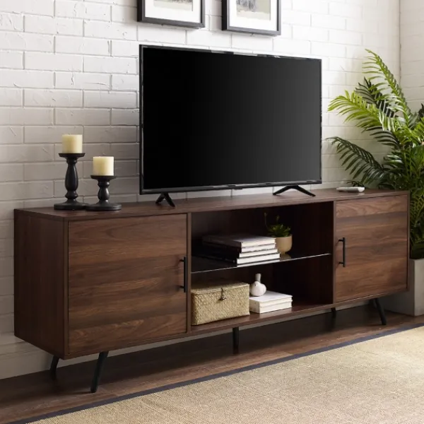 Tv Stands & Media Consoles-Kirkland's Home Walnut Mid-Century Modern Glass Shelf Tv Stand Brown