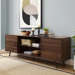 Tv Stands & Media Consoles-Kirkland's Home Walnut Mid-Century Modern Glass Shelf Tv Stand Brown
