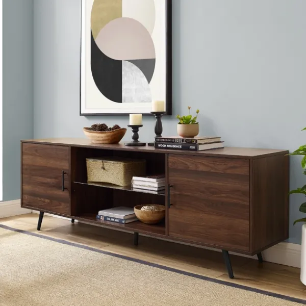 Tv Stands & Media Consoles-Kirkland's Home Walnut Mid-Century Modern Glass Shelf Tv Stand Brown