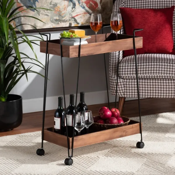 Kitchen Islands & Bar Carts-Kirkland's Home Walnut Paulownia 2-Tier Tray Bar Cart