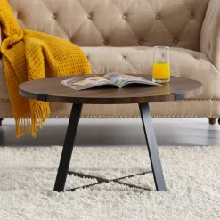 Coffee Tables-Kirkland's Home Walnut Urban Rustic Round Coffee Table Brown