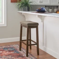 Bar Stools & Counter Height Stools-Kirkland's Home Walnut Wood Bar Stool With Cushion Gray