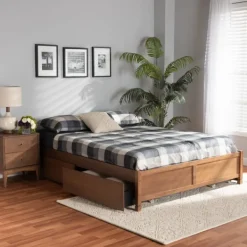 Beds & Headboards-Kirkland's Home Walnut Wood 4-Drawer King Platform Bed Brown