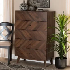 Cabinets & Sideboards-Kirkland's Home Walnut Wood Grain 5-Drawer Chest Brown