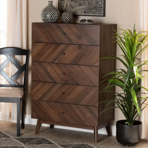 Cabinets & Sideboards-Kirkland's Home Walnut Wood Grain 5-Drawer Chest Brown