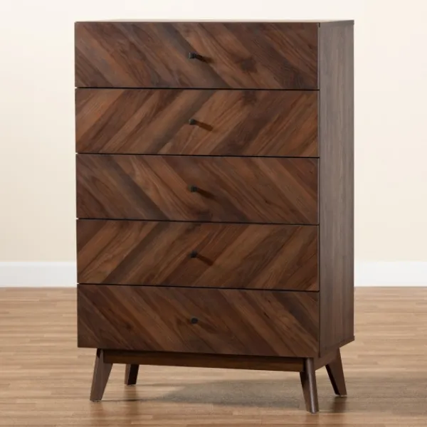 Cabinets & Sideboards-Kirkland's Home Walnut Wood Grain 5-Drawer Chest Brown