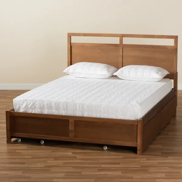 Beds & Headboards-Kirkland's Home Walnut Wood Headboard 4-Drawer Full Platform Bed Brown