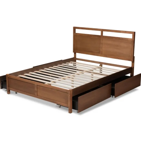 Beds & Headboards-Kirkland's Home Walnut Wood Headboard 4-Drawer Full Platform Bed Brown