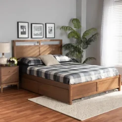 Beds & Headboards-Kirkland's Home Walnut Wood Headboard 4-Drawer Full Platform Bed Brown