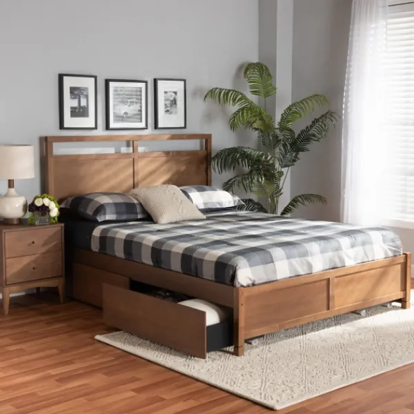Beds & Headboards-Kirkland's Home Walnut Wood Headboard 4-Drawer Full Platform Bed Brown