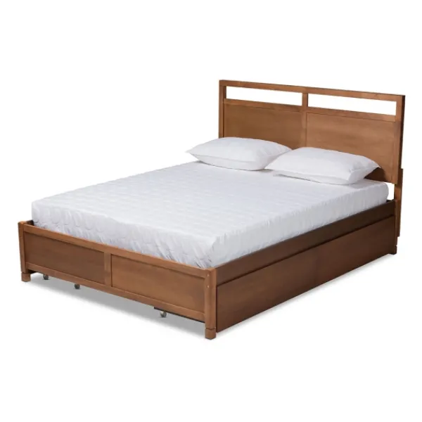 Beds & Headboards-Kirkland's Home Walnut Wood Headboard 4-Drawer King Platform Bed Brown