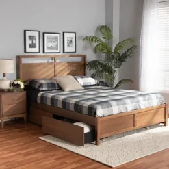 Beds & Headboards-Kirkland's Home Walnut Wood Headboard 4-Drawer King Platform Bed Brown