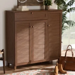 Entryway Furniture-Kirkland's Home Walnut Wood 11-Shelf Paneled Shoe Cabinet Brown