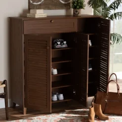 Entryway Furniture-Kirkland's Home Walnut Wood 11-Shelf Paneled Shoe Cabinet Brown