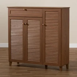 Entryway Furniture-Kirkland's Home Walnut Wood 11-Shelf Paneled Shoe Cabinet Brown