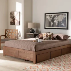 Beds & Headboards-Kirkland's Home Walnut Wooden 3-Drawer Platform Bed Brown