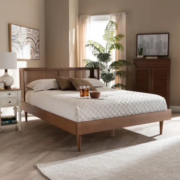 Beds & Headboards-Kirkland's Home Walnut Wrap Around Rattan Queen Bed Frame Brown