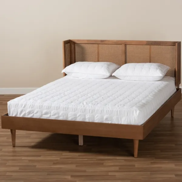 Beds & Headboards-Kirkland's Home Walnut Wrap Around Rattan Queen Bed Frame Brown