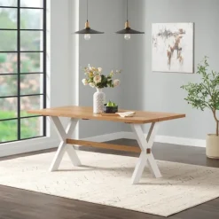 Dining Tables-Kirkland's Home Warm Cherry Birch Trestle Base Dining Table Tan/White