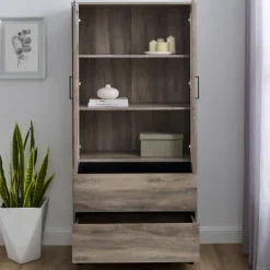 Cabinets & Sideboards-Kirkland's Home Wash Glass Door Storage Hutch Gray
