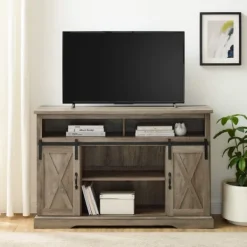Tv Stands & Media Consoles-Kirkland's Home Wash Sliding Barn Door Highboy Tv Stand Gray