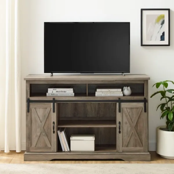 Tv Stands & Media Consoles-Kirkland's Home Wash Sliding Barn Door Highboy Tv Stand Gray